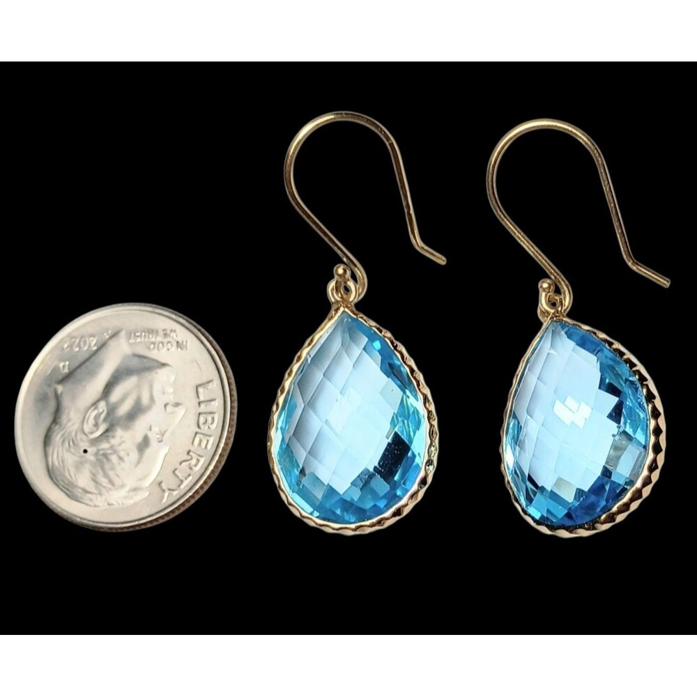 14K Yellow Gold Swiss Blue Topaz Drop Dangle French Wire Earrings - Picture 8 of 12